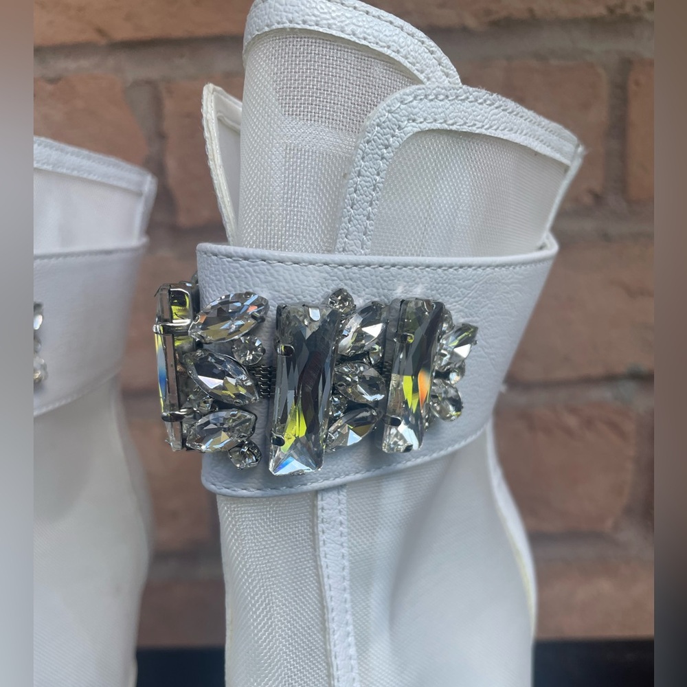 Karl Lagerfeld White Crystal-Embellished Peep-Toe Ankle Boots - Picture 3 of 8